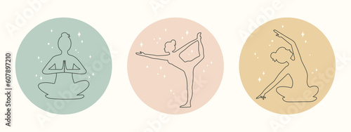 Set of female silhouettes meditating in lotus position. Symbol, logo, emblem, icon for web design, social media stories. Trendy minimal lineart style. Woman practices yoga asanas. Vector in boho style