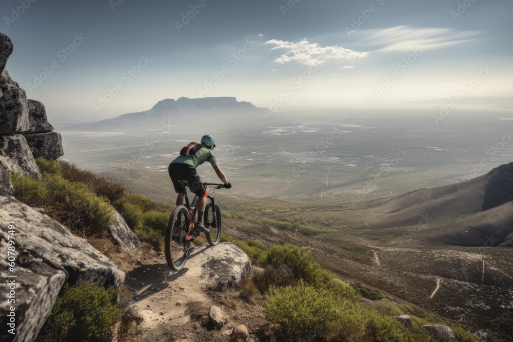Naklejka premium enthusiast mountain biking over rocky terrain with view of the valley below, created with generative ai