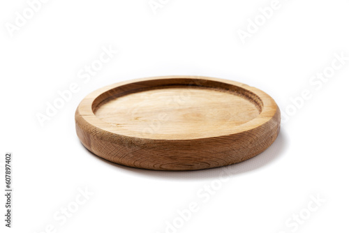 Closeup of small wooden tray on white background. Empty dish as mockup