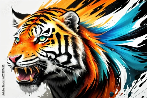 tiger painting using paint splatter effect with many colors