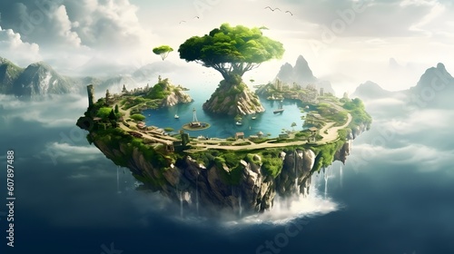 Fantasy floating island over water with a big tree in the middle. 3D illustration. © mandu77