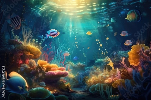 mystical underwater world  filled with glowing schools of fish and other deep-sea creatures  created with generative ai
