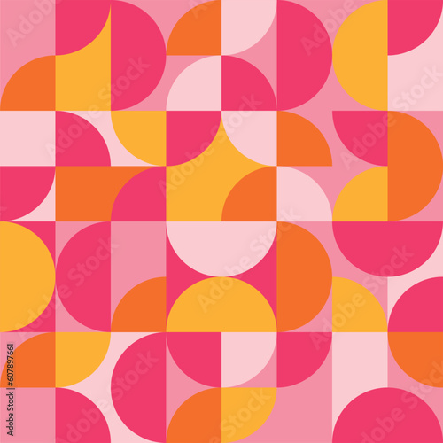 Bauhaus seamless pattern with abstract design. Vector geometric bacground in pink, yellow and orange