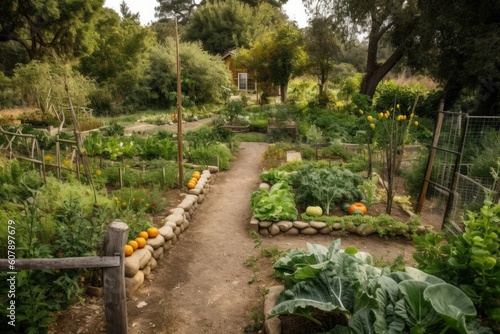 permaculture garden with fruit trees, vegetables, and herbs, created with generative ai photo