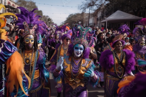mardi gras parade, with dancers and musicians leading the way, created with generative ai