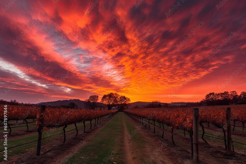 vineyard sunset, with vibrant orange and pink hues in the sky, created with generative ai
