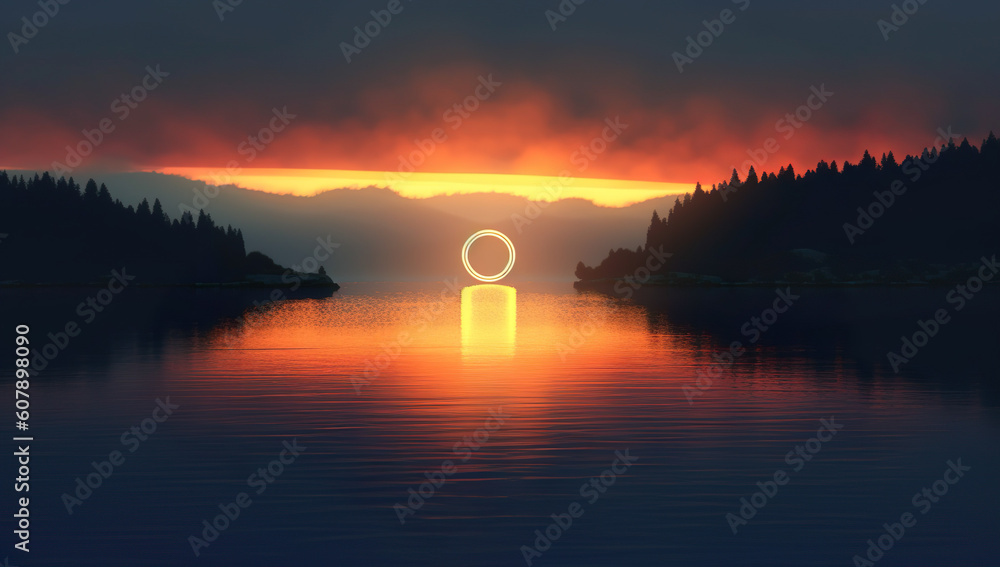 Circle ring on the sea at sunset. 3D rendering Generative AI