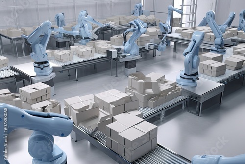 packaging and sorting robots working together to swiftly and efficiently sort large quantities of packages, created with generative ai © altitudevisual