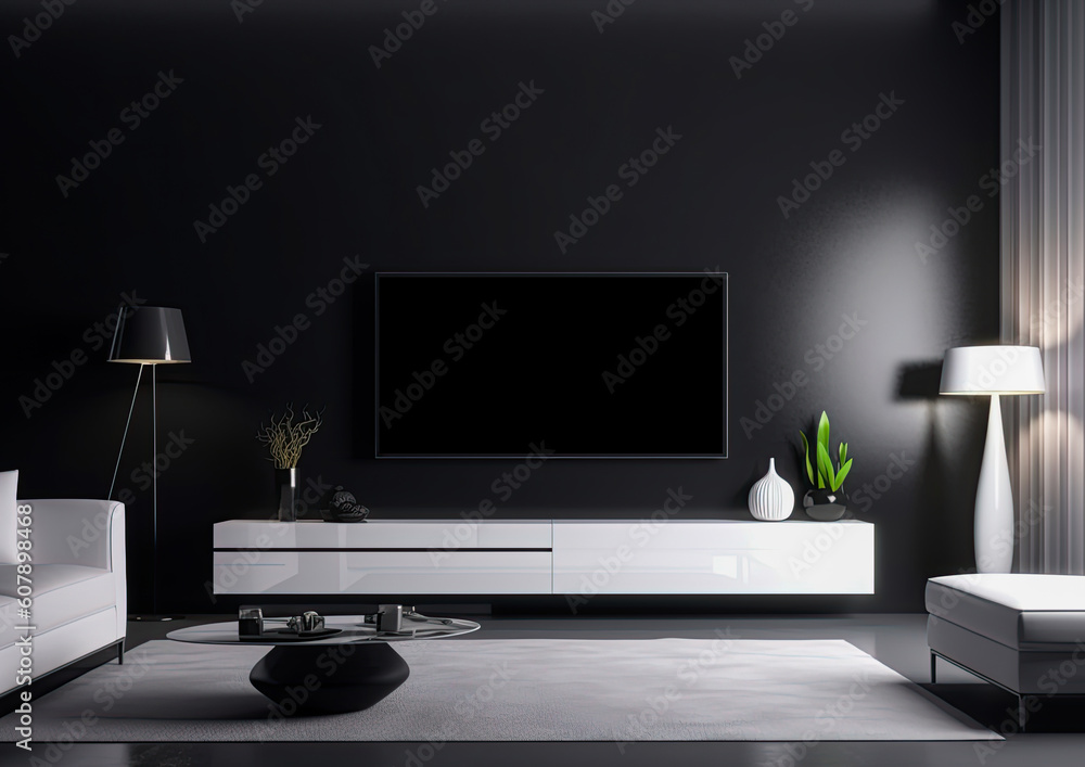 Tv mockup in modern living room. Empty screen. Copy space. Generative Ai illustration Tv mockup in modern living room. Empty screen. Copy space. Generative Ai illustration