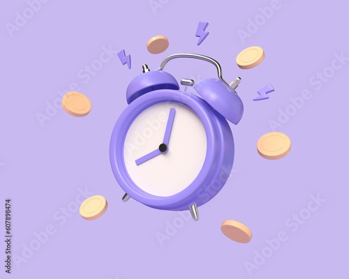 3d clock with coins, invest money to grow in time concept. Business investment, income and financial savings 3d, fast money, fast credit. 3D rendering illustration on purple background