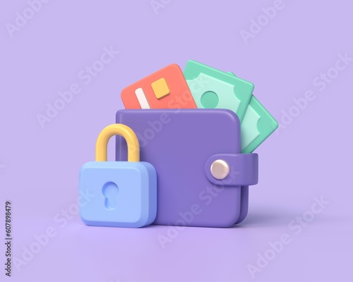 3d wallet icon with lock, credit card, dollar bill on blue background. saving money, financial business protection concept.3d render illustration