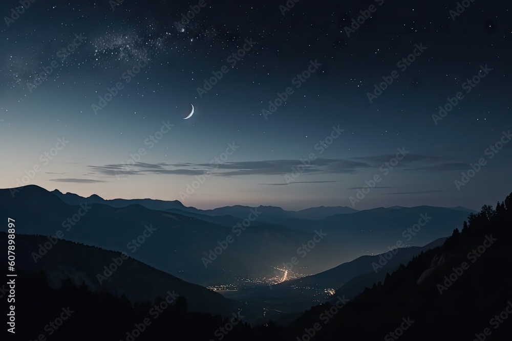 night sky with stars and crescent moon over mountain range, created with generative ai night sky with stars and crescent moon over mountain range, created with generative ai