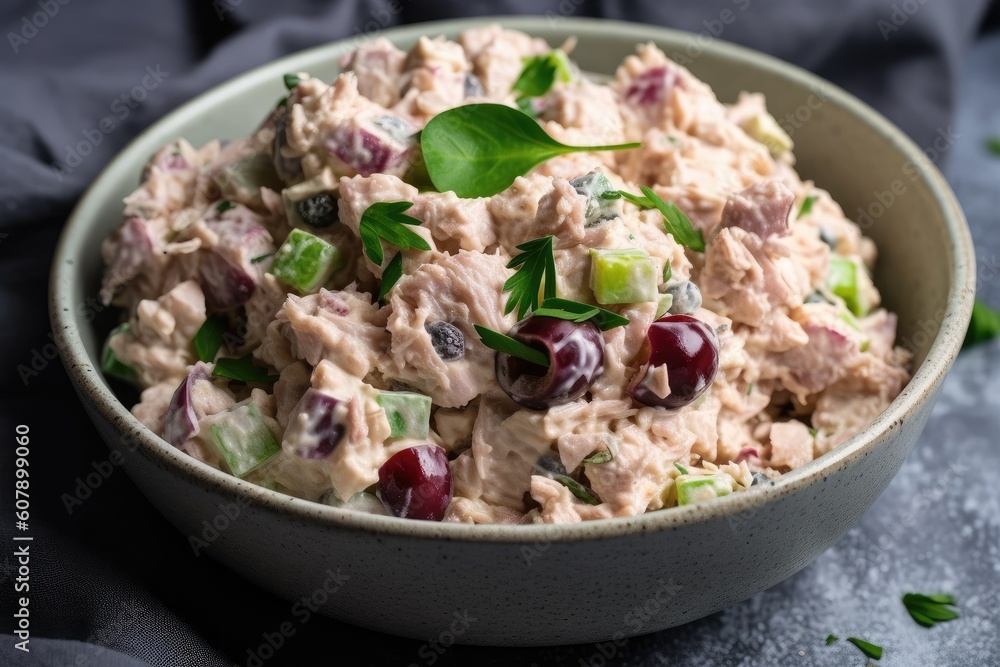 close-up of creamy tuna salad with red onion and capers, created with generative ai