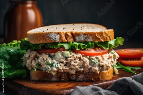 classic tuna salad sandwich with fresh lettuce  ripe tomato  and crunchy dill pickle  created with generative ai