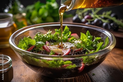 Photo salad dressing preparation featuring red wine vinegar, olive oil, and freshly ch