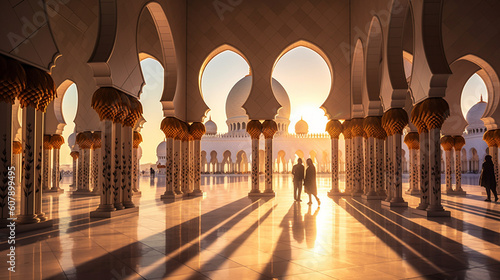 A breathtaking mosque at sunrise, with a Muslim family standing in awe, their silhouettes casting long shadows on the intricate patterns of the architecture Generative AI