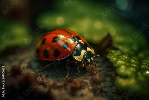 Ladybug on the leaf with water drops, created with generative AI © Laura
