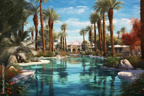 A serene oasis in the desert, with palm trees and a sparkling blue water pool Generative AI © Наталья Евтехова