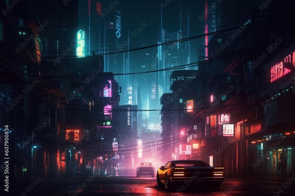 Concept art illustration of cityscape of asian cyberpunk city at night, Generative AI