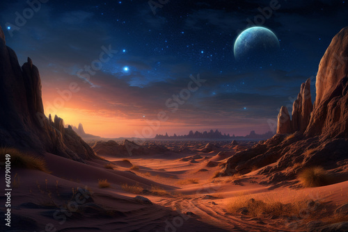 A tranquil desert landscape with sand dunes, a starry night sky, and a crescent moon Generative AI