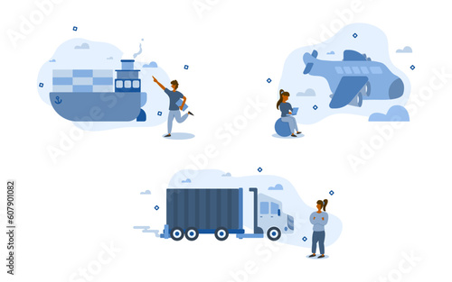 transportation illustration set. characters look to transport large amounts of goods using planes, trucks and ships. large transport concept. vector illustration.