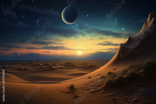 A tranquil desert landscape with sand dunes, a starry night sky, and a crescent moon Generative AI photo