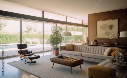 Generative AI illustration of mid-century modern house living room interior design
