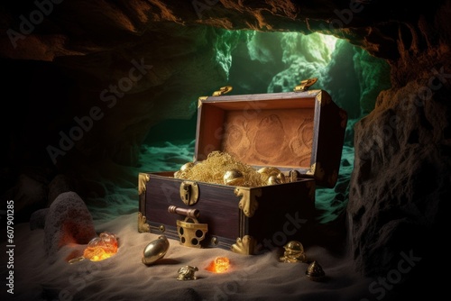 Generative AI illustration of pirates treasure chest in cave