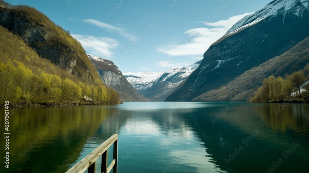 Norwegian fjord landscape in spring, Generative AI