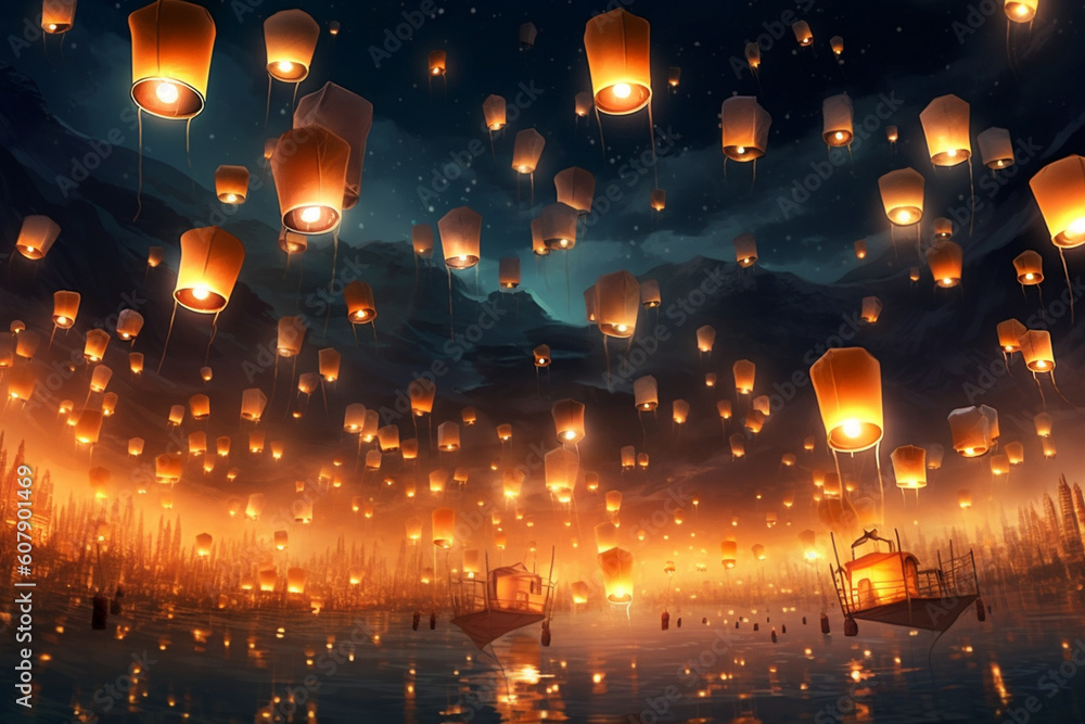 A whimsical scene of flying lanterns filling the night sky during a festive Eid celebration Generative AI