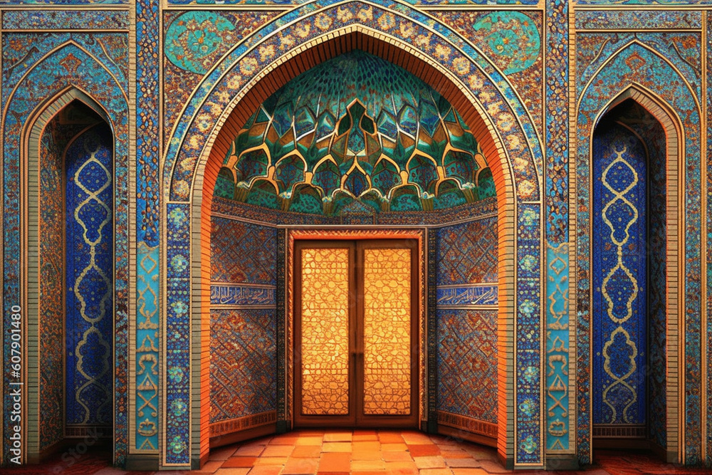 An exquisite illustration of a mihrab, decorated with intricate patterns and adorned with vibrant colors Generative AI