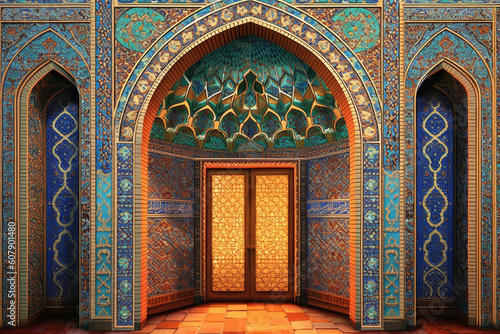 An exquisite illustration of a mihrab, decorated with intricate patterns and adorned with vibrant colors Generative AI photo