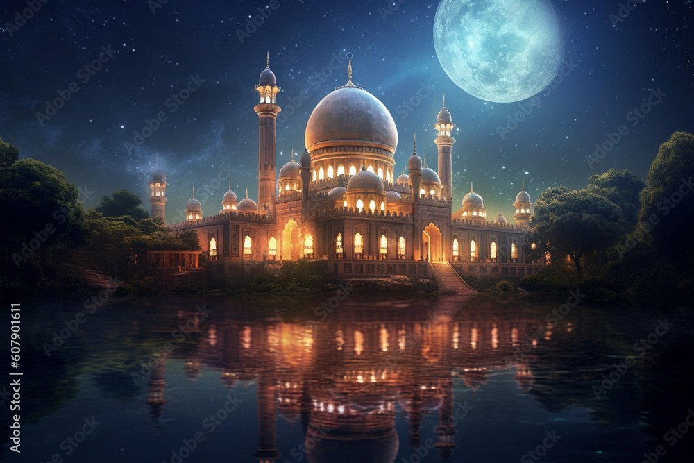 An enchanting night scene with a mosque illuminated by soft moonlight, surrounded by stars Generative AI