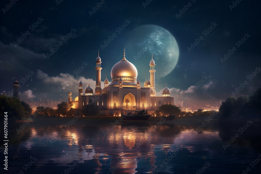 An enchanting night scene with a mosque illuminated by soft moonlight, surrounded by stars Generative AI