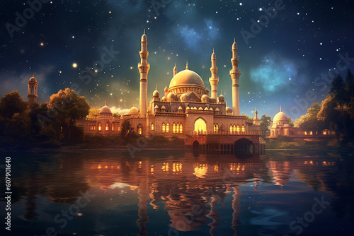 An enchanting night scene with a mosque illuminated by soft moonlight, surrounded by stars Generative AI