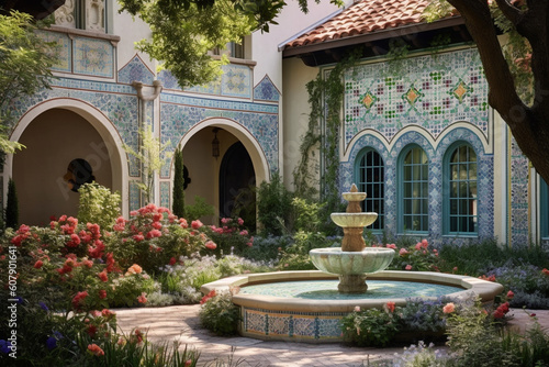 A serene garden courtyard with colorful mosaics, blooming flowers, and a tranquil water fountain Generative AI