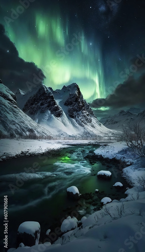 golden green aurora in white snow mountain rivers Generative AI