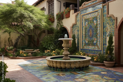 A serene garden courtyard with colorful mosaics, blooming flowers, and a tranquil water fountain Generative AI