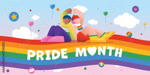 LGBTQ+ Lover Couple Show Love Hand Gesture Over Rainbow Flag, Vector, Illustration