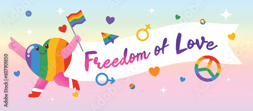 Rainbow Heart Character Run With Flag And White Cape With Freedom Of Love Text, Vector, Illustration