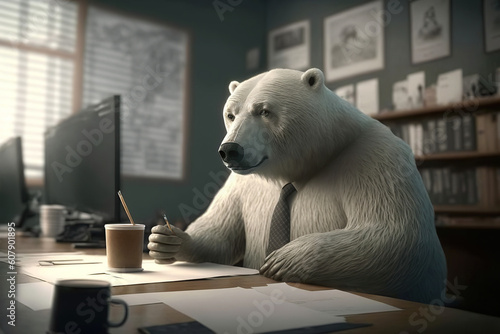 ai generated Illustration of A polar bear working  at office. photo
