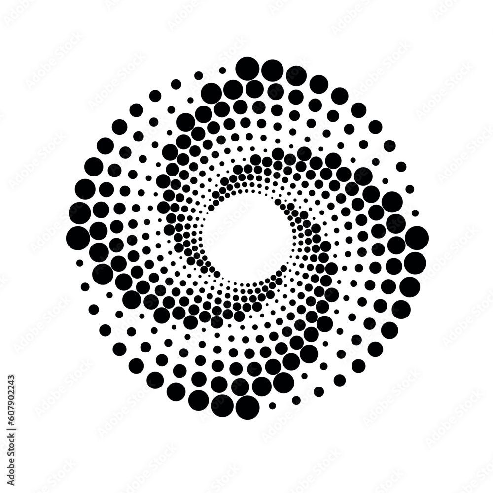 Halftone in the form of a circle, with the effect of rotation. Spherical design element consisting of dots of different sizes, vector. Vector texture template, with sound vibration effect. 