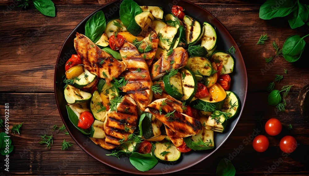 
Grilled vegetables and chicken fillet salad on a wooden table background,from above
