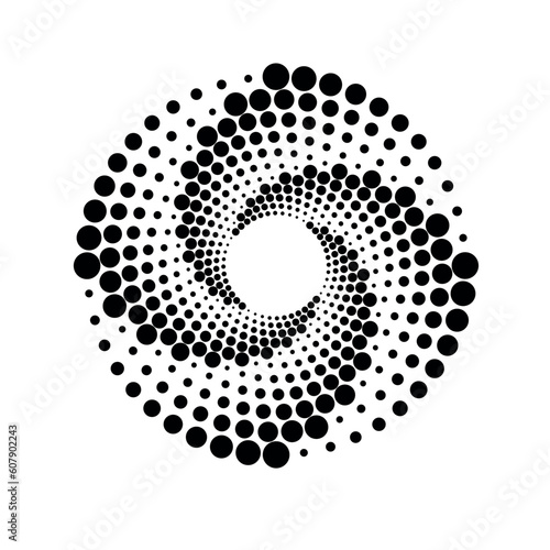 Halftone in the form of a circle, with the effect of rotation. Spherical design element consisting of dots of different sizes, vector. Vector texture template, with sound vibration effect. 