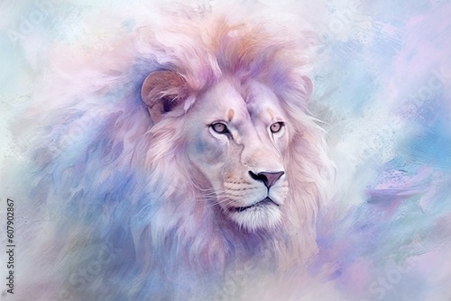 dreamlike watercolor lion print where the lion appears almost mystical. soft, pastel colors like lavender, blush pink, and pale blue to create a serene and otherworldly atmosphere photo