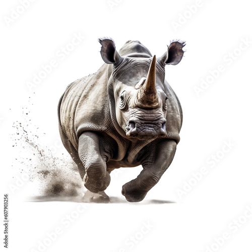 Rhino running and charging on transparent background