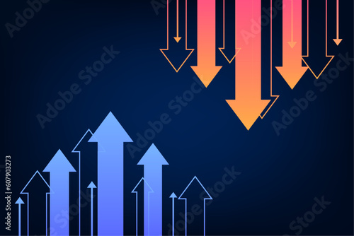 business investment graph arrow up and down background. trend stock market concept. trading exchange financial on blue background. vector illustration fantastic hi tech design
