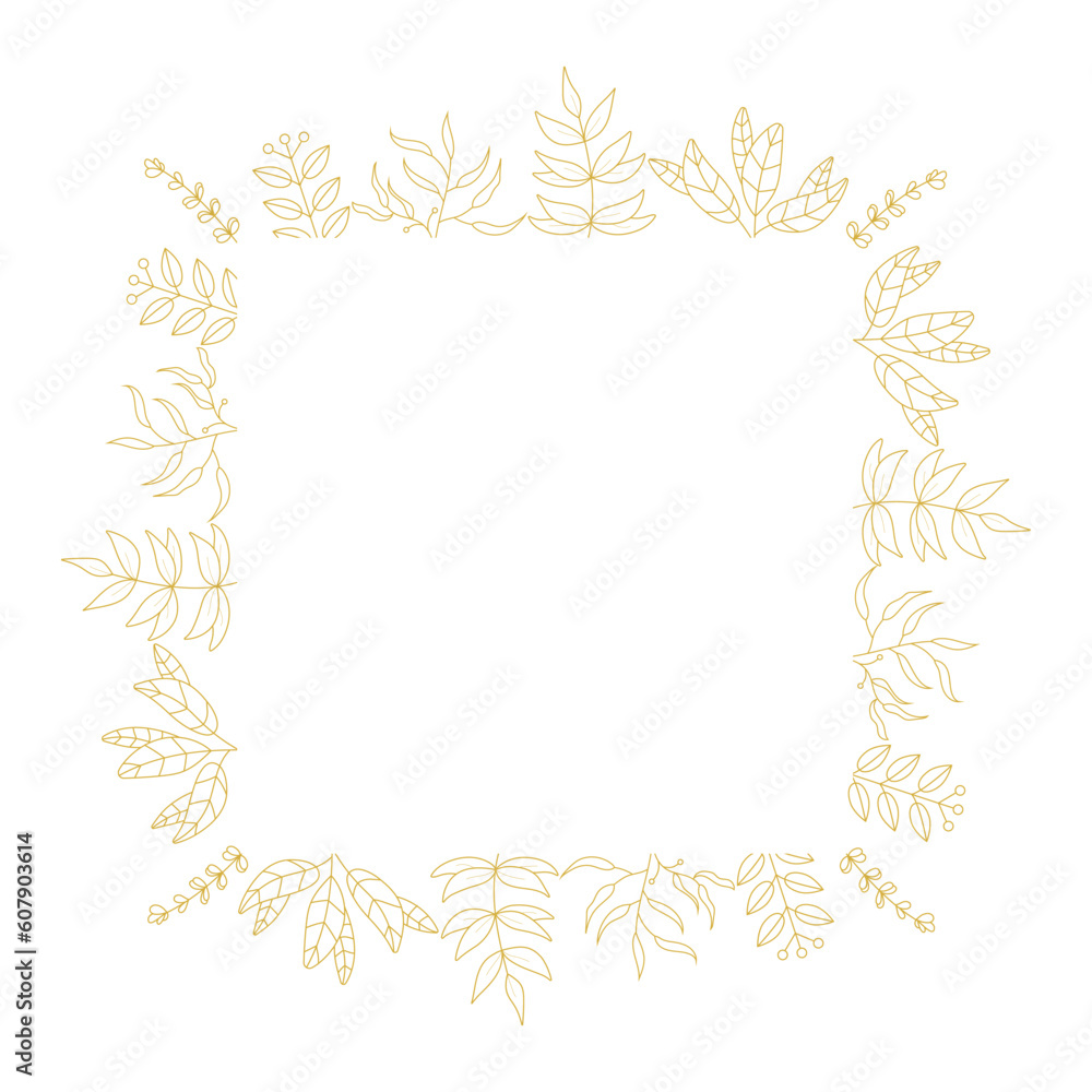 Golden Squared botanical frame vector. Hand drawn golden floral borders. Wedding square frame Golden Squared botanical frame vector. Hand drawn golden floral borders. Wedding square frame