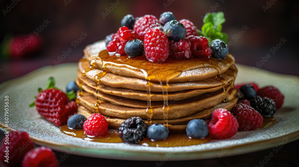Buckwheat pancakes with berry fruit and honey on wooden vintage table Buckwheat pancakes with berry fruit and honey on wooden vintage table