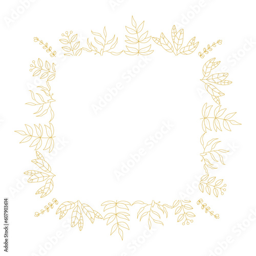 Golden Squared botanical frame vector. Hand drawn golden floral borders. Wedding square frame